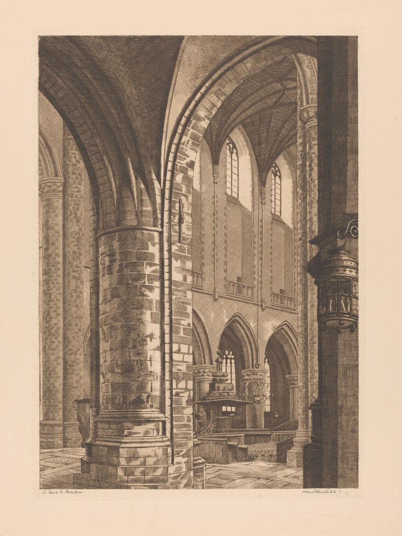 St. Bavo te Haarlem de Arend Hendriks, óleo sobre tela que retrata uma catedral sob um céu nublado