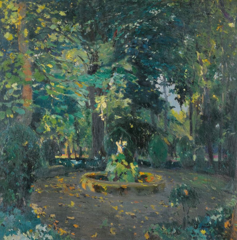 Fountain in urban setting, oil on canvas by Joaquin Mir Trinxet