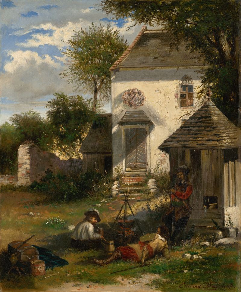Soldiers camping in a nobleman’s yard, oil painting by Eduard Majsch
