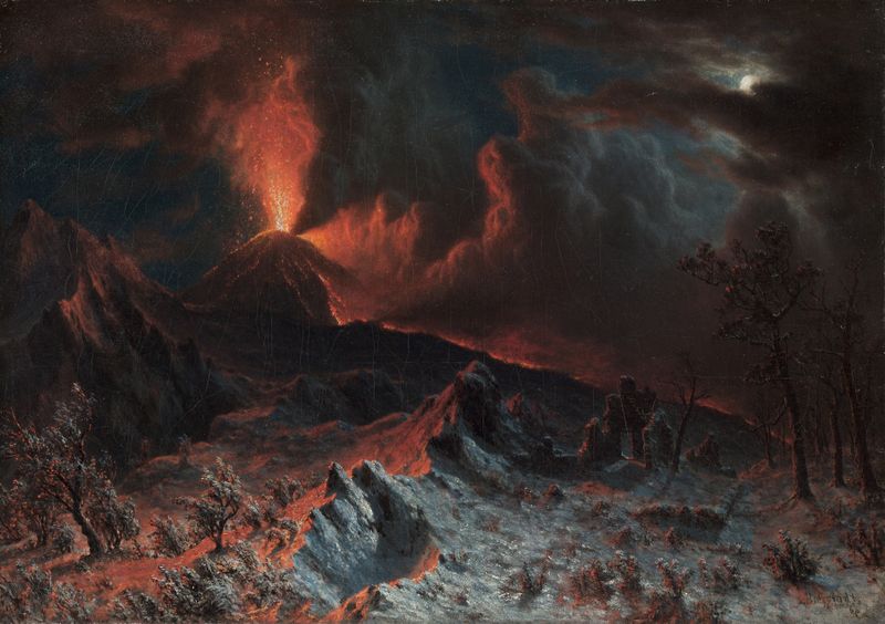 Mount Vesuvius at Midnight, óleo sobre tela de Albert Bierstadt, retratando um vulcão brilhante à noite.