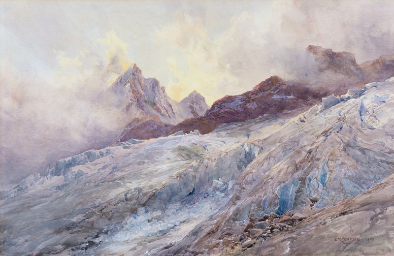 Finsteraarhorn de Edward Theodore Compton, pintura al óleo que representa un majestuoso paisaje montañoso