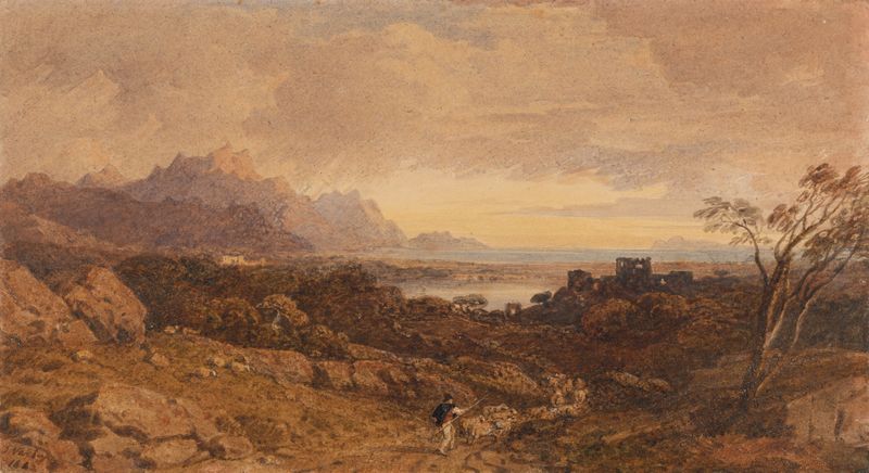 Paisaje romántico con montañas distantes de John Varley, pintura al óleo