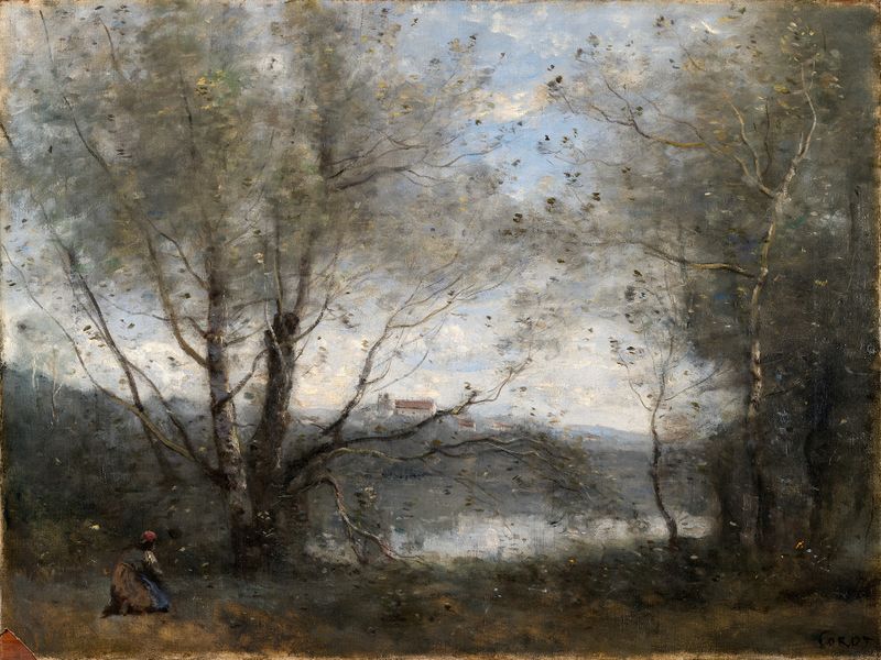 A Pond Seen through the Trees, óleo sobre lienzo de Jean-Baptiste-Camille Corot, con un tranquilo estanque y árboles.