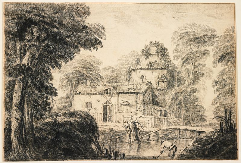 Landscape with a Cottage and Peasants, Rococo, Jean-Baptiste Pillement, óleo