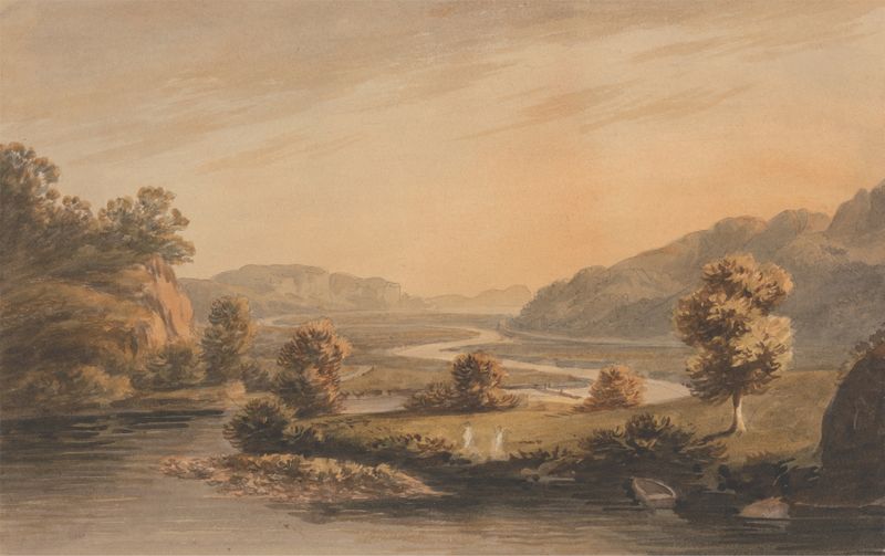 Acuarela de John Warwick Smith que representa colinas y un lago tranquilo.