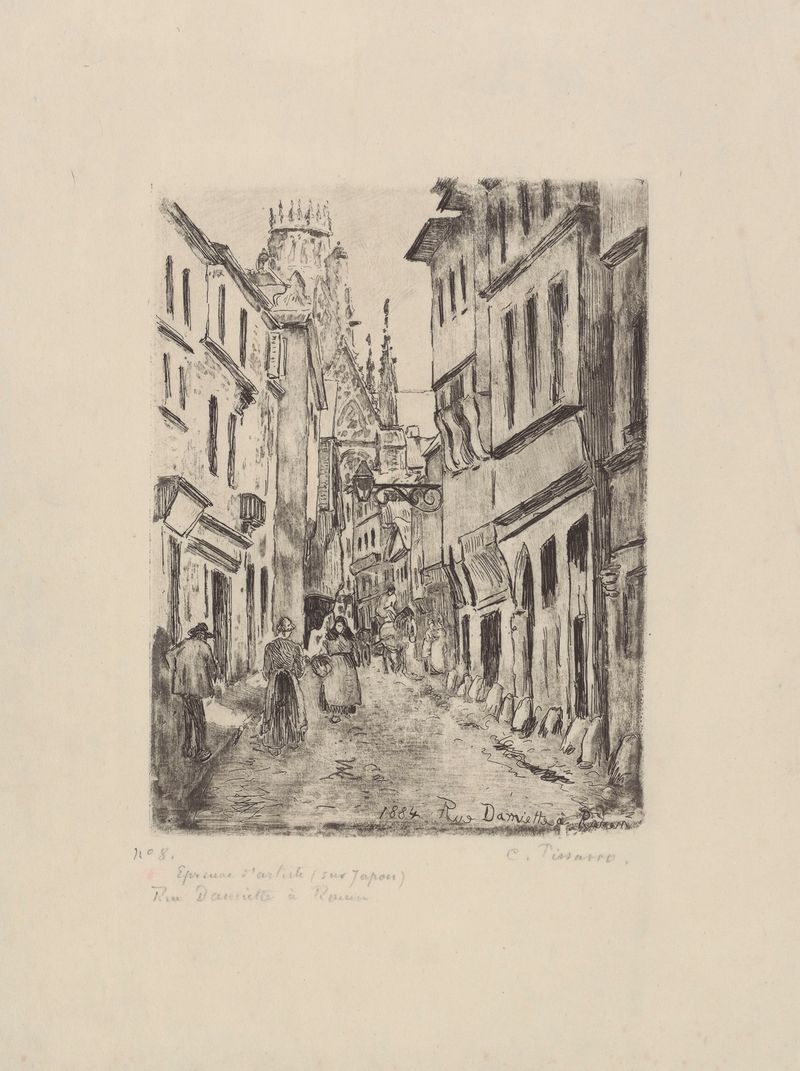 Rue Damiette, à Rouen de Camille Pissarro, óleo sobre tela que retrata uma rua tranquila com cores pastel.