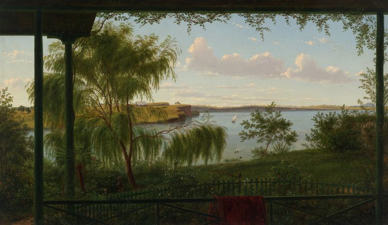 Oil painting by Eugène von Guérard depicting a tranquil landscape with golden light.