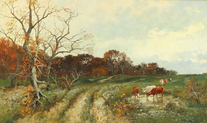 Sommerlandschaft mit weidenden Kühen de Adolf Kaufmann, realismo, retrata vacas em uma paisagem exuberante.