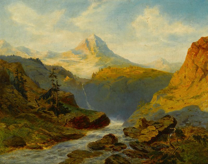 Paisagem com um rio e montanhas, pintura a óleo de Alexandre Calame