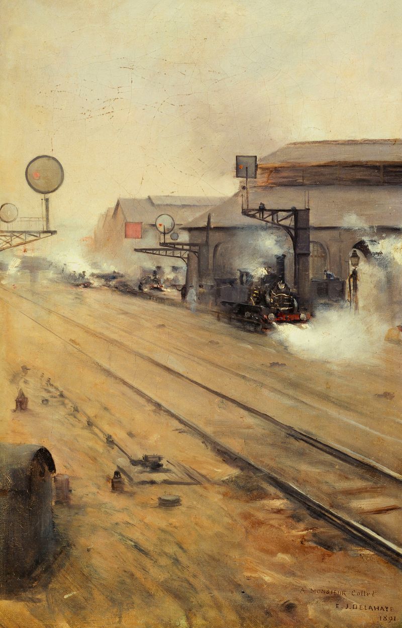 La remise des locomotives aux Batignolles, óleo sobre lienzo de Ernest Jean delahaye