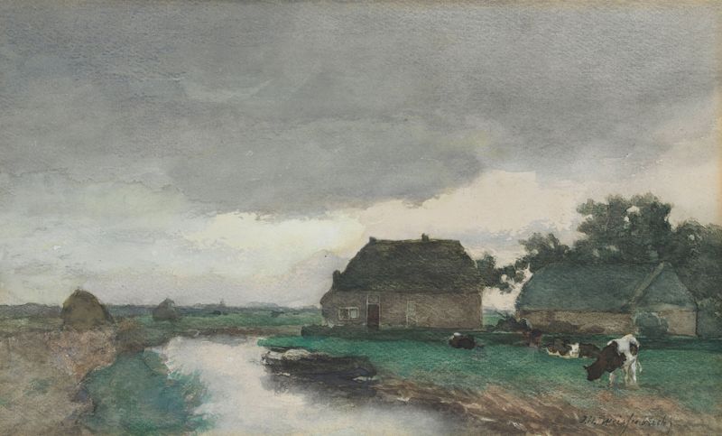 Paisaje con un granero de Johan Hendrik Weissenbruch, pintura al óleo