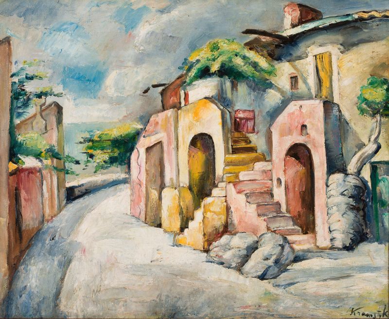 Landscape from Catalonia by Roman Kramsztyk, oil painting depicting a village street with sunlight and shadows.