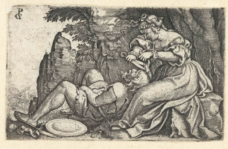 Grabado de Georg Pencz que muestra a Delila cortando el cabello de Sansón