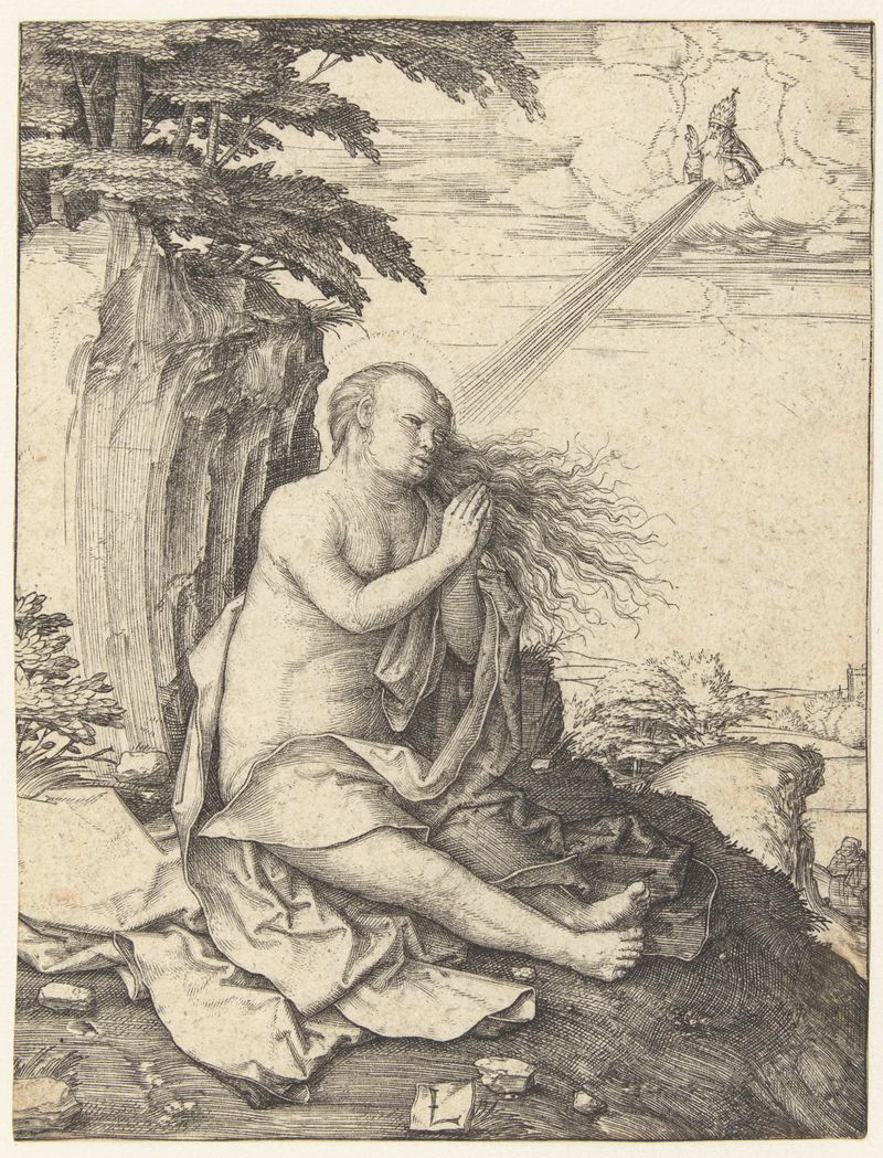 Grabado de Lucas van Leyden que representa a Maria Magdalena en tela fluida, mirando hacia arriba.