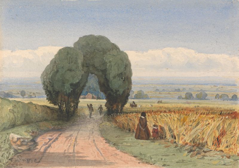 Genre scene depicting a woman and child on a path in a cornfield by William John Chamberlayne