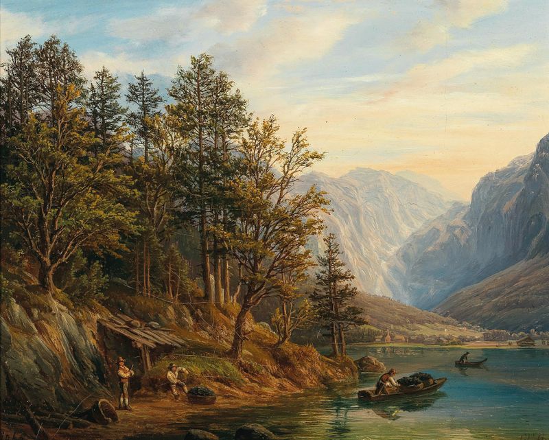 Partie vor Hallstatt nach Obertraun im Salzkammergute by Anton Schiffer, oil painting of a serene landscape.