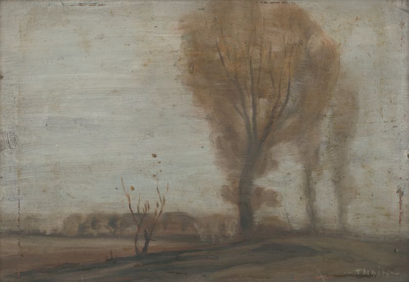 Paisaje de Post-Impresionismo de Ján Thain, que representa árboles de otoño con luz dorada.