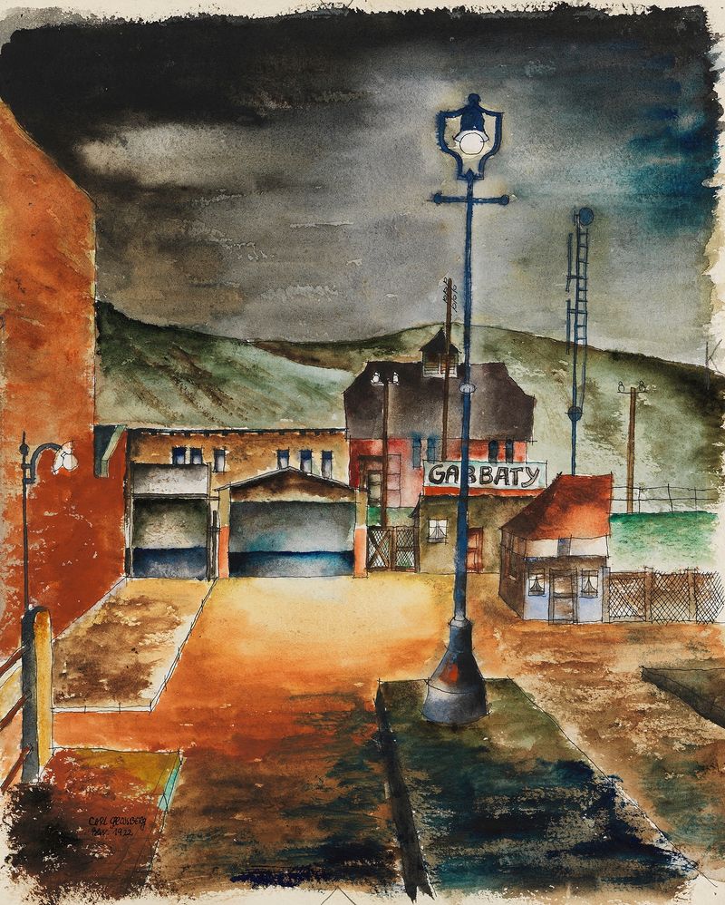 Häuser bei Nacht by Carl Grossberg, oil on canvas depicting urban buildings at night with glowing windows.