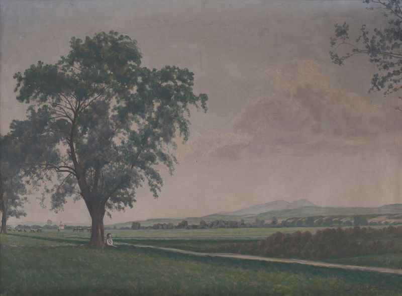 Landscape near Príbovce Village by Ivan Žabota, oil on canvas, depicting rolling hills and a soft sky.