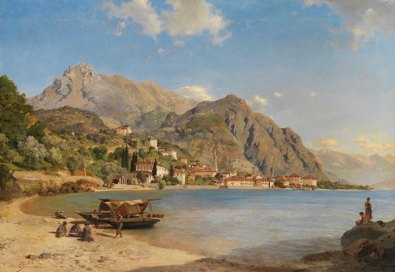 Oil painting by Albert Zimmermann depicting Lake Como with reflections and golden light.