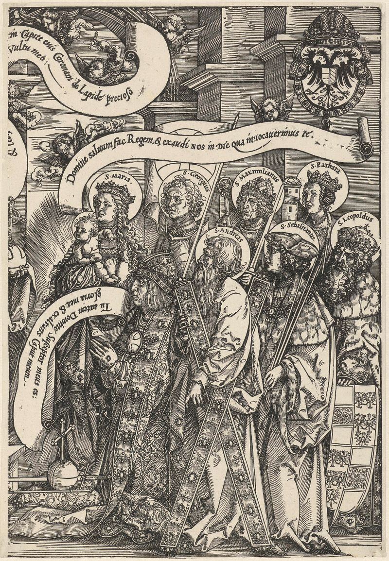 Keizer Maximiliaan I knielt voor Christus, gravura de Albrecht Dürer, mostrando um imperador ajoelhado diante de Cristo.