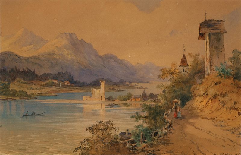 A view of Lake Wolfgang, oil painting by Anton Altmann the younger, featuring a lighthouse and tranquil waters.
