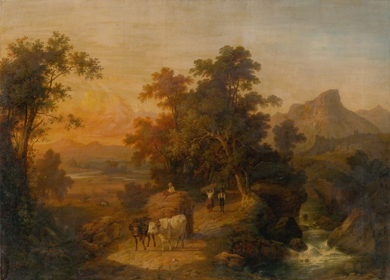 Paisaje al Atardecer, óleo sobre lienzo de Domenico Bresolin, con un atardecer sereno sobre la naturaleza.