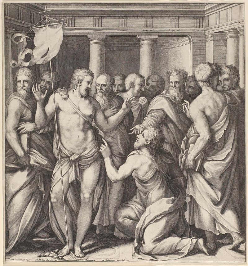 Ongeloof van Tomas, gravura de Wenceslaus Hollar, retratando uma figura em descrença iluminada por luz radiante.