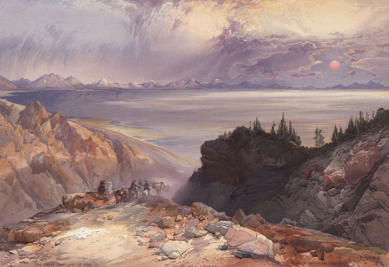 The Great Salt Lake of Utah de Thomas Moran, óleo sobre lienzo, que muestra aguas brillantes y montañas.