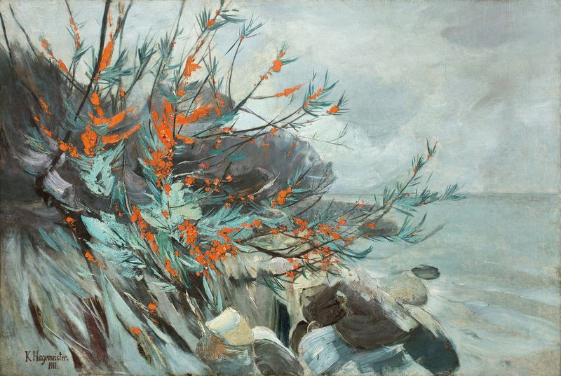 Coastal landscape with sea buckthorn, oil on canvas by Karl Hagemeister