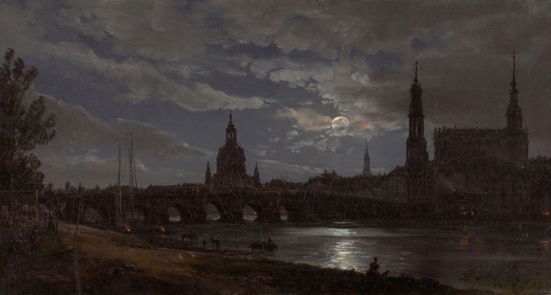 Vista de Dresden ao Luar, óleo sobre tela de Johan Christian Dahl