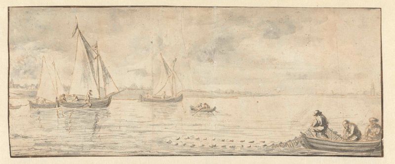 Oil painting by Pieter Coopse depicting a river with sailing ships and a rowboat.