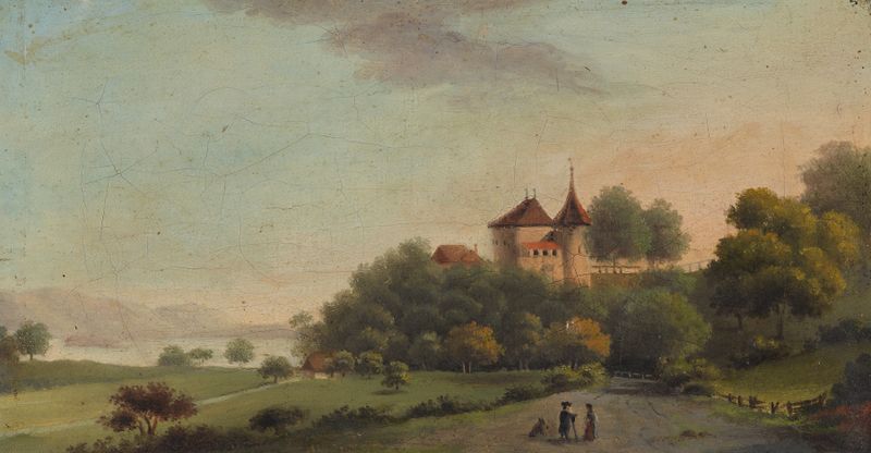 Le Chateau de Cerlier de Johann Ludwig Aberli, pintura al óleo que representa un chateau en un paisaje exuberante.