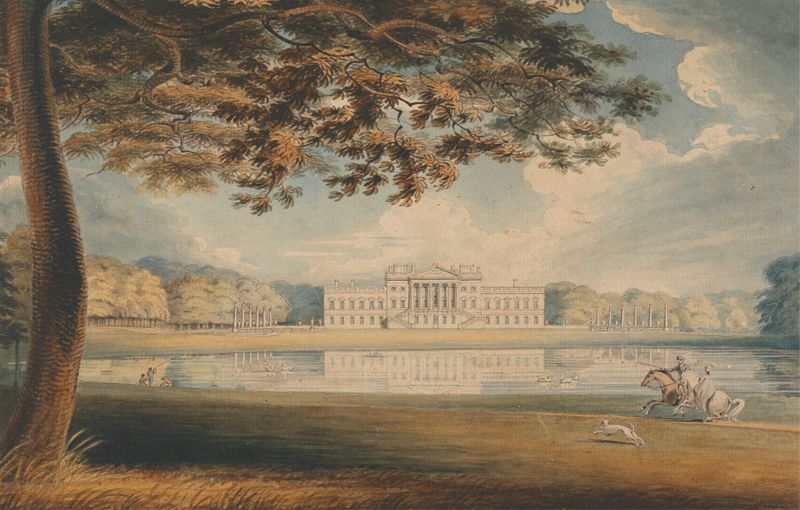 Landscape of Wanstead House by Richard Westall, oil on canvas, with sunlight filtering through trees.