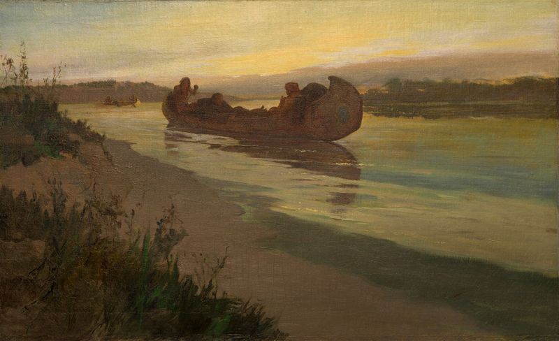 Marquette y Joliet en el Mississippi, pintura al óleo de Oscar Edward Berninghaus