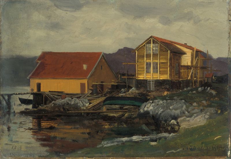 Pintura al óleo de paisaje de Amaldus Nielsen que muestra árboles y lluvia después de una tormenta