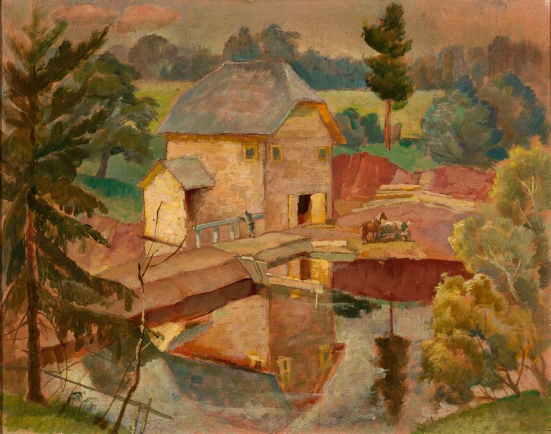 Oil on canvas by Michał Rouba depicting a mill by a river with sunlight and nature.
