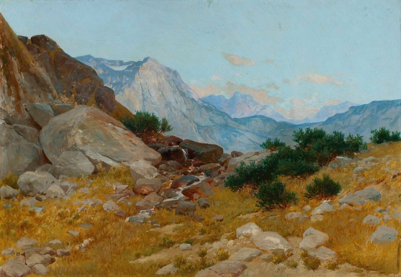 Landscape from the Tatra Mountains by Tadeusz Popiel, oil painting depicting mountains and dusk sky.