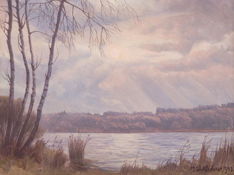 Simssee-Abend oil on canvas by Michael Licklederer depicting a tranquil lake at twilight with willow trees.