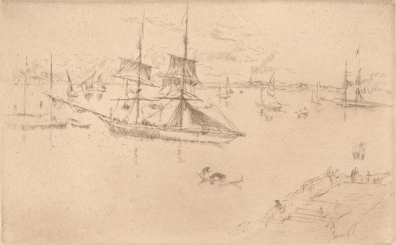 Lagoon; Noon de James Abbott McNeill Whistler, óleo sobre tela que retrata água tranquila e reflexos.