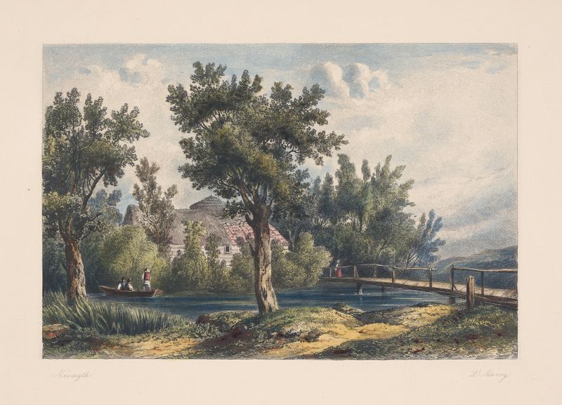 Paisagem com cabana de Louis Marvy, pintura a óleo que retrata uma cena campestre serena.