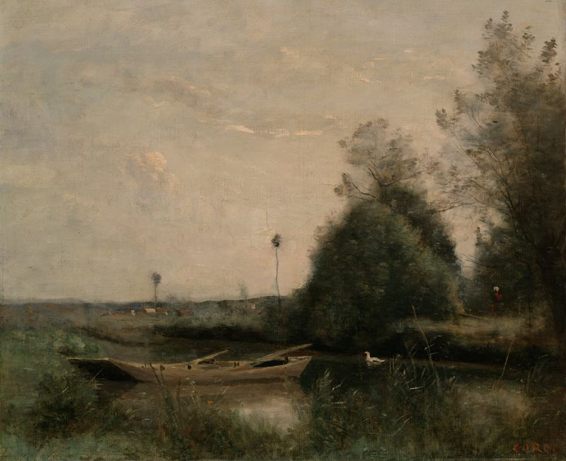 A Pond in Mortain, pintura al óleo de Jean-Baptiste-Camille Corot, que representa un tranquilo estanque al anochecer.