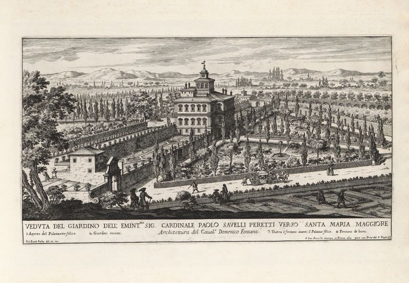 Botanical scene with lush greenery and architecture by Giovanni Battista Falda, 17th century