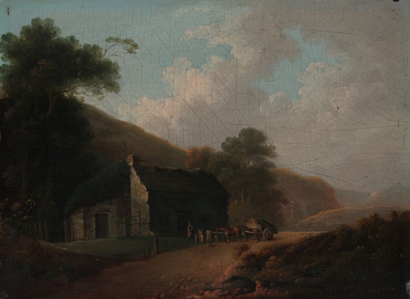 Paisaje de John Rathbone, pintura al óleo que representa un cielo sereno y colinas terrosas.