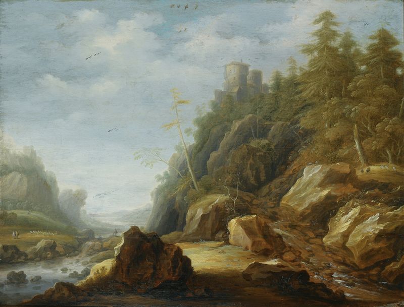 Un paisaje de Rocky Mountain con un fuerte y pastores con su rebaño, de Joachim Govertsz Camphuysen.