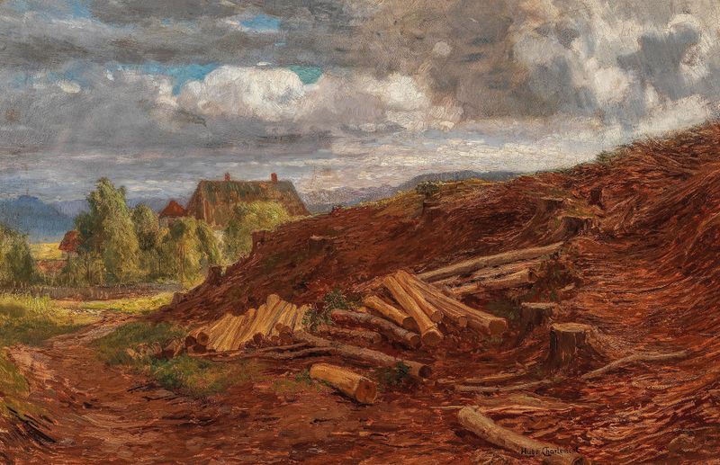 Landscape depicting a storm with dark clouds by Hugo Charlemont, oil painting