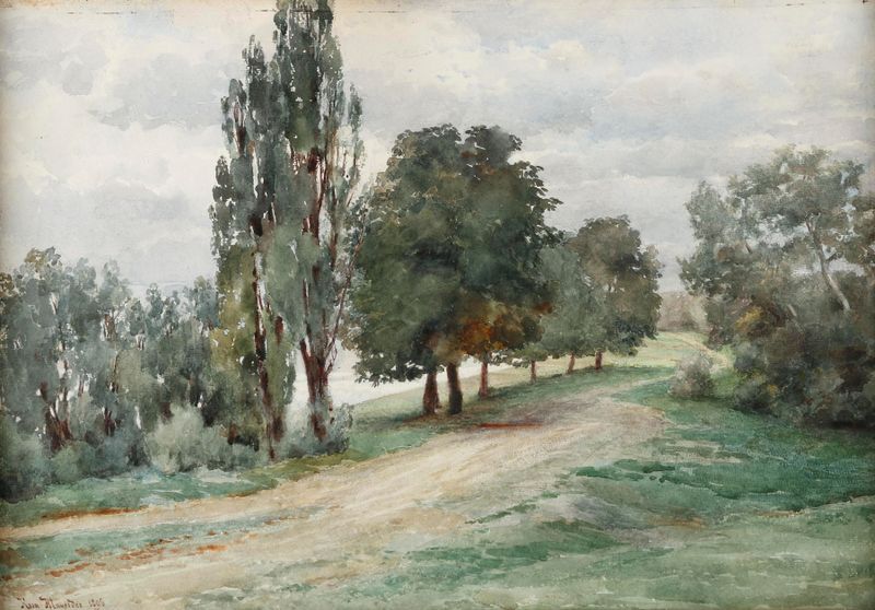 Landscape by Rosa Mayreder, impressionist oil painting depicting hills and nature.