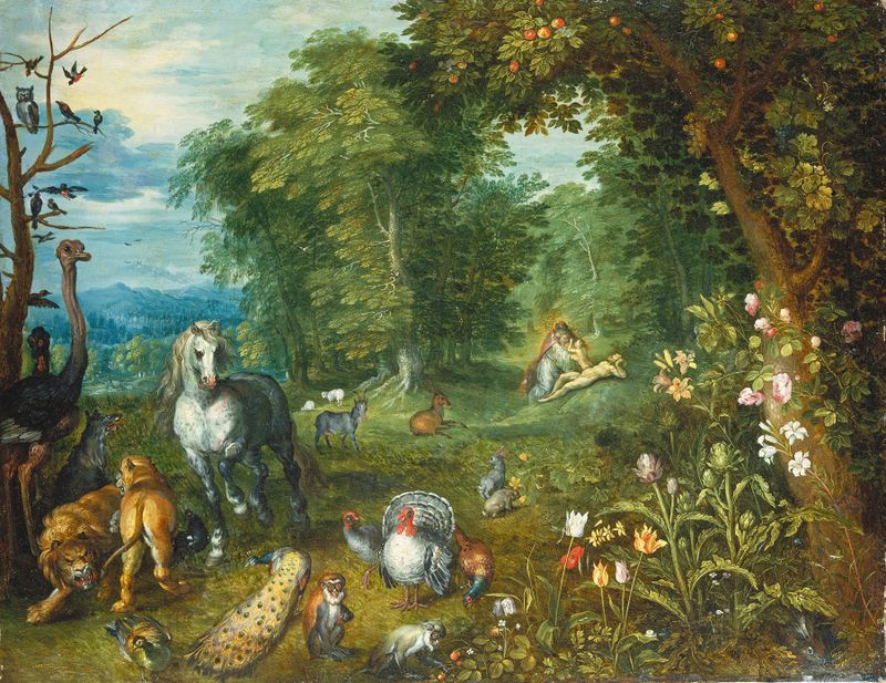 Paraíso con la Creación de Eva, óleo sobre cobre de Jan Brueghel el Joven
