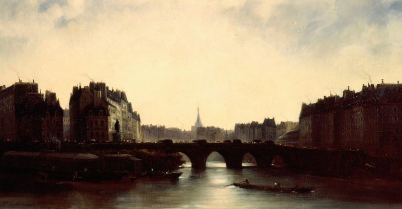 Le Pont-Neuf et l’Ile de la Cité de Adolphe Couvelet, pintura al óleo que muestra el Sena y la arquitectura icónica.