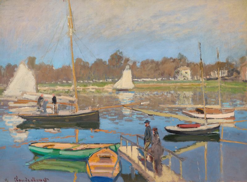 Le bassin d’Argenteuil de Claude Monet, óleo sobre tela representando água cintilante e luz salpicada.